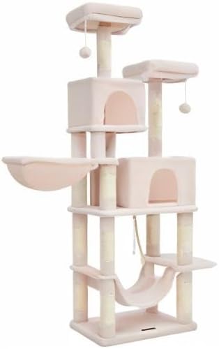 Taoqimiao Cat Tree, 66.2-Inch Cat Tower for Indoor Cats, Plush Multi-Level Cat Condo with 12 Scratching Posts, 2 Perches, 2 Caves, Hammock, 2 Pompoms, Jelly Pink MS013P