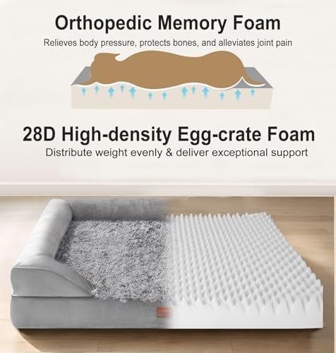 Gimars 3.7in Thickened Orthopedic Dog Bed for Large Dogs, Supportive L Dog Sofa Bed with Bolster & 28D Egg-Crate Mattress, Waterproof Lining, Washable Plush Cover for Arthritic Dogs
