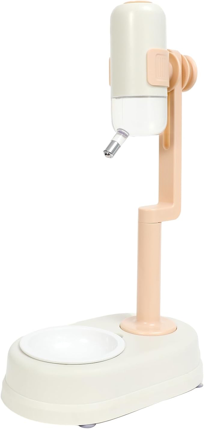 Pet Standing Water Dispenser Cat Dog Standing Ceramic Bowl Automatically Feeding Water Height Adjustable Detachable Pole (White-Pink, Large)
