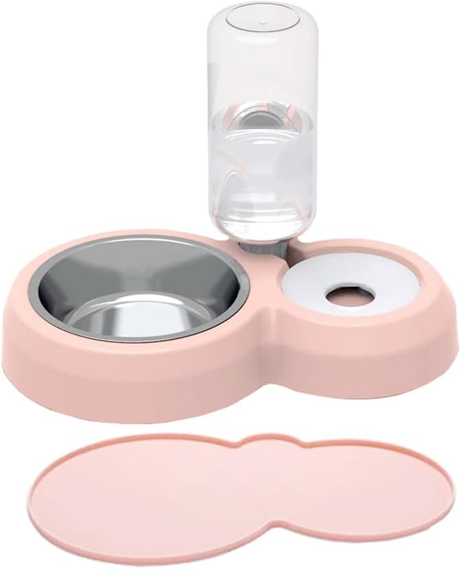 Dog Bowls, Puppy Cat Food and Water Bowl Set with Water Dispenser and Stainless Steel Bowl Non-Slip Mat, Detachable Gravity Pet Feeder and Waterer Set for Cats Dogs Puppy Rabbit (Pink)