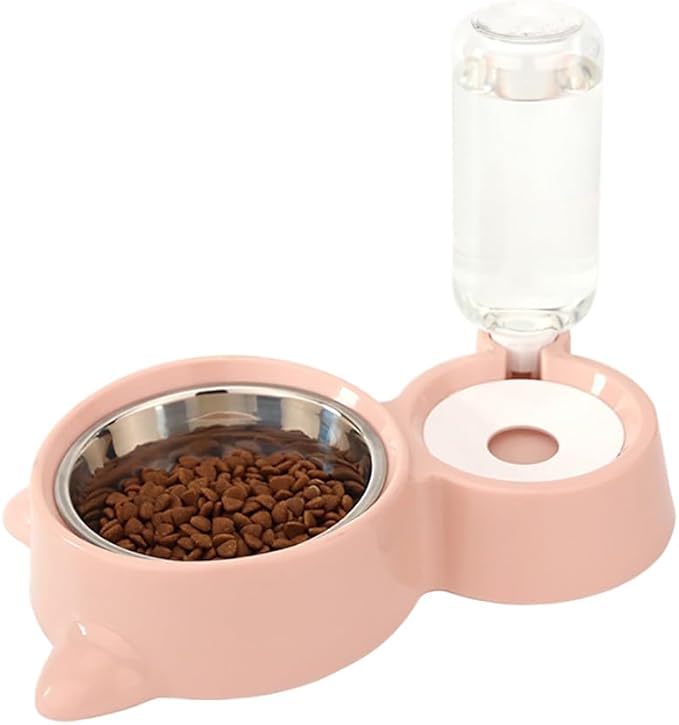 Dog Bowls, Puppy Cat Food and Water Bowl Set with Water Dispenser and Stainless Steel Bowl Detachable Gravity Pet Feeder and Waterer Set for Cats Dogs Puppy Rabbit (Pink)