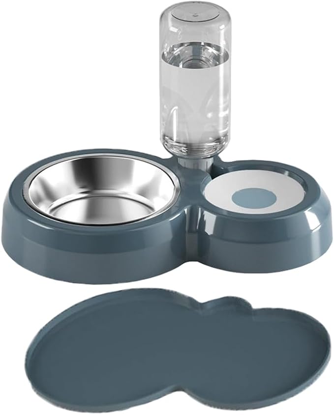Dog Bowls, Puppy Cat Food and Water Bowl Set with Water Dispenser and Stainless Steel Bowl Non-Slip Mat, Detachable Gravity Pet Feeder and Waterer Set for Cats Dogs Puppy Rabbit (Dark Blue)