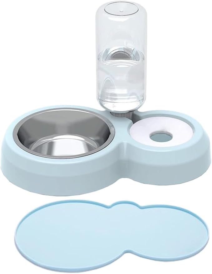 Dog Bowls, Puppy Cat Food and Water Bowl Set with Water Dispenser and Stainless Steel Bowl Non-Slip Mat, Detachable Gravity Pet Feeder and Waterer Set for Cats Dogs Puppy Rabbit (Blue)
