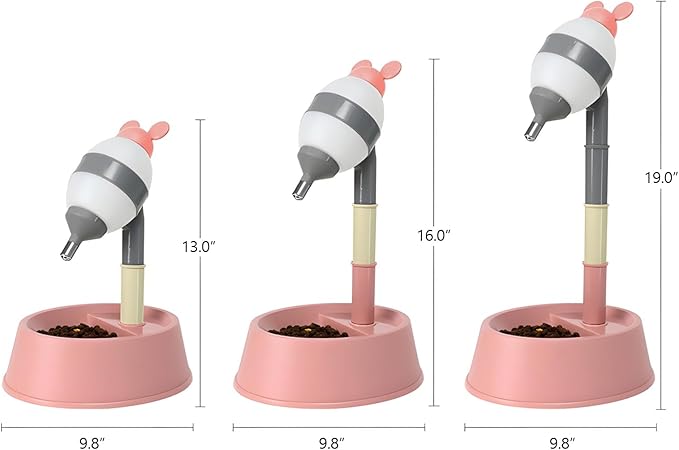 NACOCO Pet Standing Water Dispenser - Cat Dog Standing Bowl with Detachable Pole Automatically Feeding Water Height Adjustable(Grey-Pink Ear)