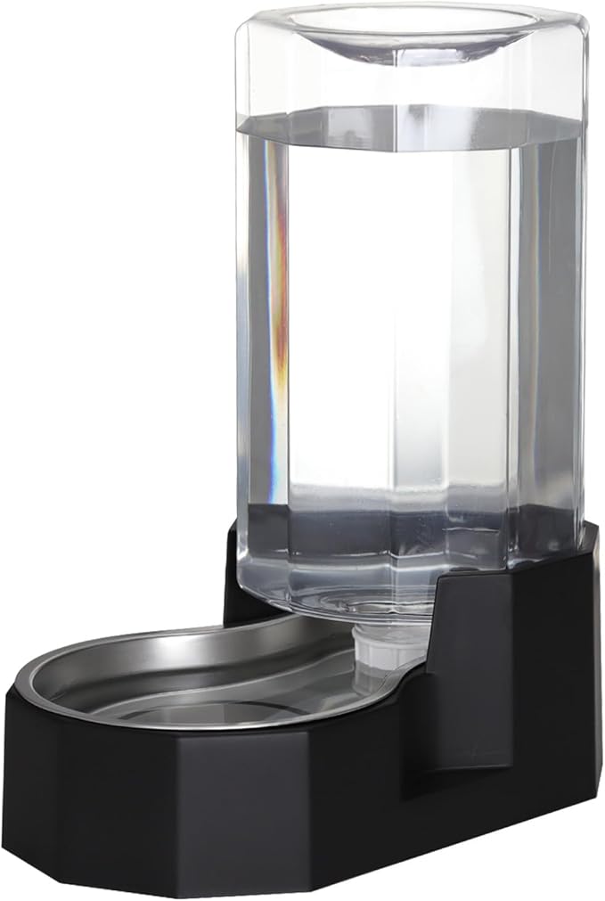 Sfozstra Large Dog Water Dispenser: 8L Automatic Black Water Feeder with Stainless Steel Bowl - Without Filter - Gravity Design for Multiple Pets Indoor/Outdoor