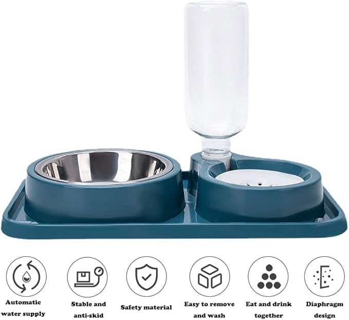 Love Dream Double Dog Cat Bowls, 2 in1 Pet Water and Food Bowl Set with Automatic Gravity Water Dispenser Bottle Detachable Stainless Steel Bowl No-Spill for Cats and Dogs Puppy Kitten Rabbit