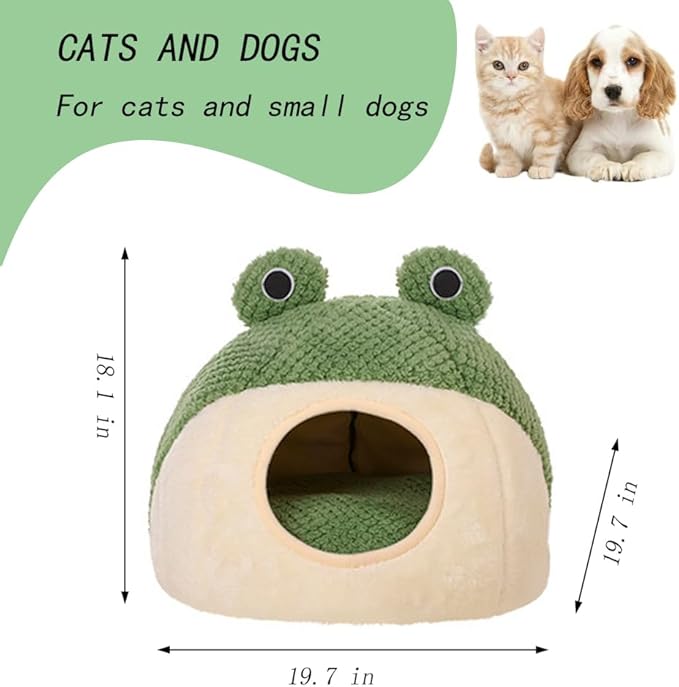 Cute Frog Cat Bed with Removable Cushion Pillow, Fluffy Frogs Style Cat Cave House Green, Sleeping Bag Pet Tent for Cats and Small Dogs