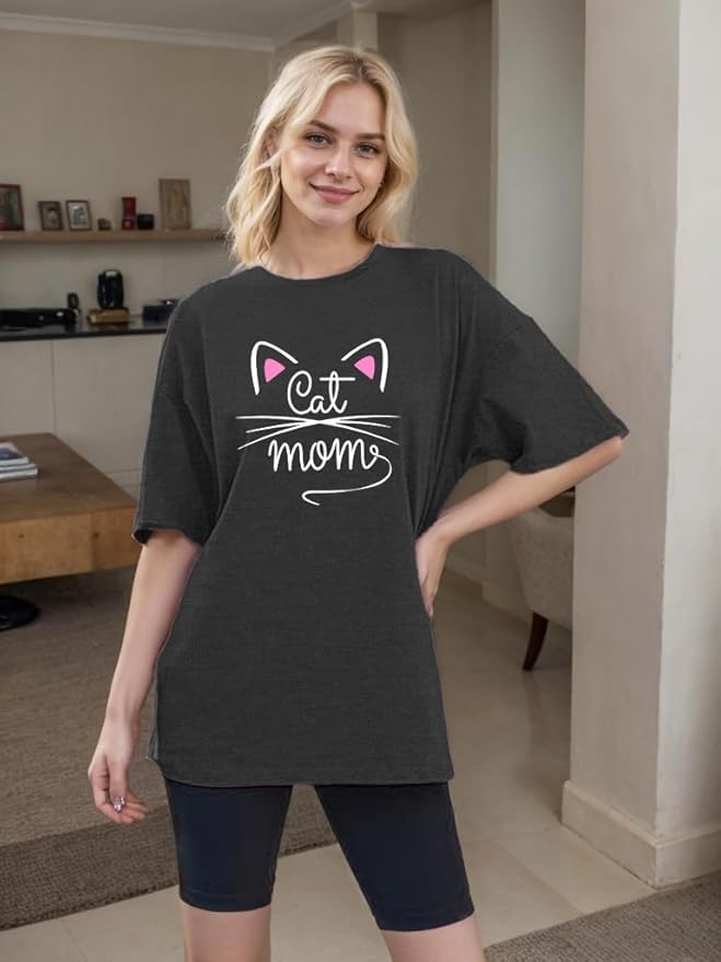 Cat Shirts for Women Cute Cat Mom Oversized Shirt Funny Pet Graphic Tees Y2k Teen Girl Clothes