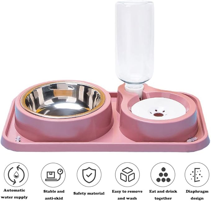 Love Dream Double Dog Cat Bowls, 2 in1 Pet Water and Food Bowl Set with Automatic Gravity Water Dispenser Bottle Detachable Stainless Steel Bowl No-Spill for Cats and Dogs Puppy Kitten Rabbit