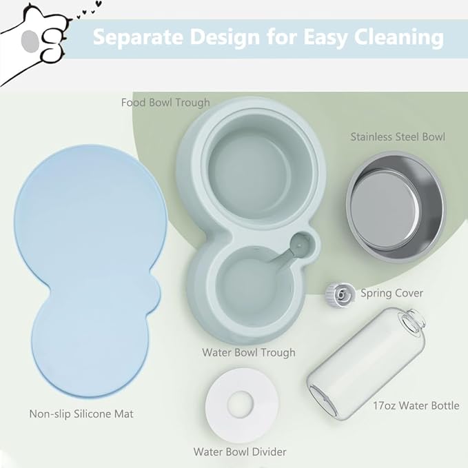 Dog Bowls, Puppy Cat Food and Water Bowl Set with Water Dispenser and Stainless Steel Bowl Non-Slip Mat, Detachable Gravity Pet Feeder and Waterer Set for Cats Dogs Puppy Rabbit (Dark Blue)