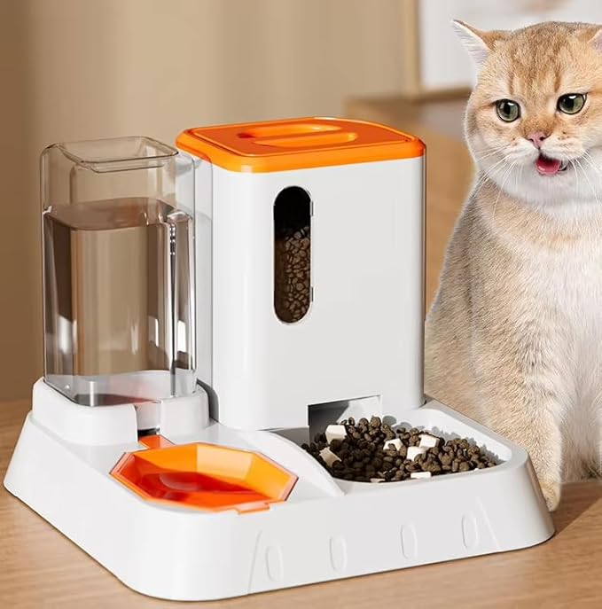 2-in-1 Automatic Pet Food and Water Dispenser, Cat Feeding Station with Storage Container, White and Orange