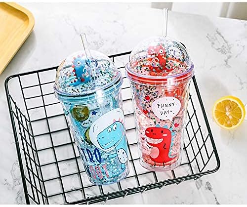 Dinosaur Cups with straw Travel Tumblers Water Bottle Ice Mugs Plastic Party Cup Birthday Gift (blue dinosaur, 6.5 * 20 cm)