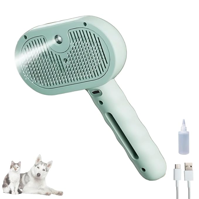 Pet Steam Brush for Cats Dogs, 3-in-1 Cat Grooming Tool with Water Spray and Quick Hair Release Button, Hair Removal Comb for Shedding, Steamy Brush (Geen)