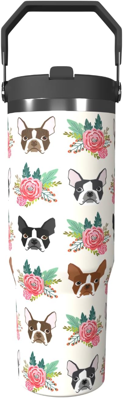 Dog Floral 30oz Tumbler with Top Handle Lid and Straw Insulated Water Bottle Travel Mug for Car Cup Office Coffe Mugs for Boy Girl Drink Hot and Cold (dogs)