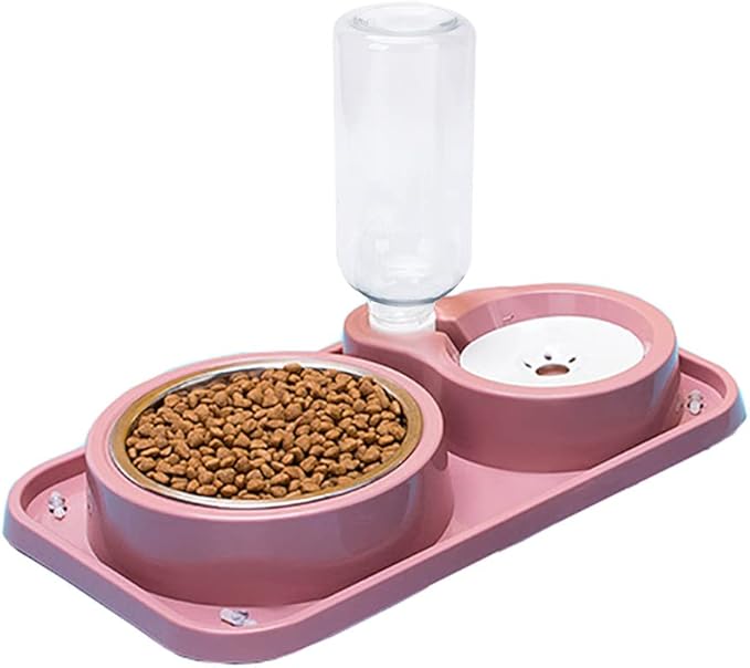 Love Dream Double Dog Cat Bowls, 2 in1 Pet Water and Food Bowl Set with Automatic Gravity Water Dispenser Bottle Detachable Stainless Steel Bowl No-Spill for Cats and Dogs Puppy Kitten Rabbit