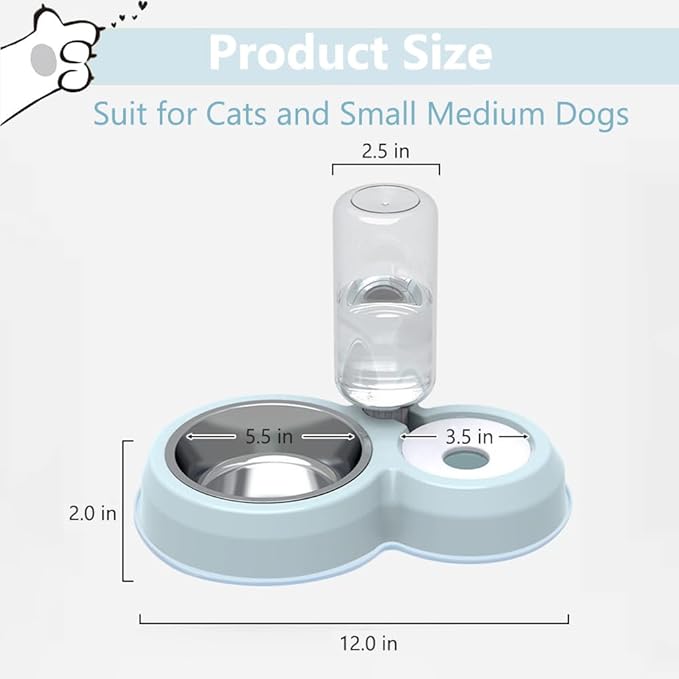 Dog Bowls, Puppy Cat Food and Water Bowl Set with Water Dispenser and Stainless Steel Bowl Non-Slip Mat, Detachable Gravity Pet Feeder and Waterer Set for Cats Dogs Puppy Rabbit (Grey)