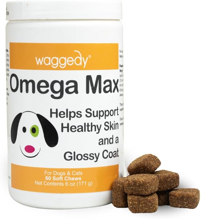 waggedy Omega Max Chews for Dogs with Salmon Oil & Flaxseed — Dog Essentials for Shiny Coats & Healthy Skin — Dog Supplements & Vitamins (60 Chews)