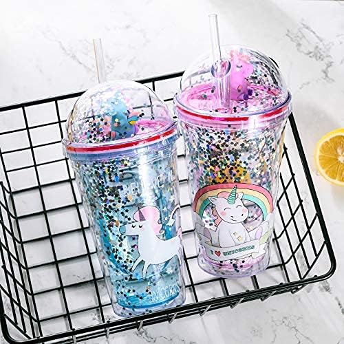 Unicorn Cup with Straw Travel Tumbler Party Cup Reusable Plastic Drinking Water Bottle Women Ice Coffee (purple unicorn, 6.5 * 20cm)