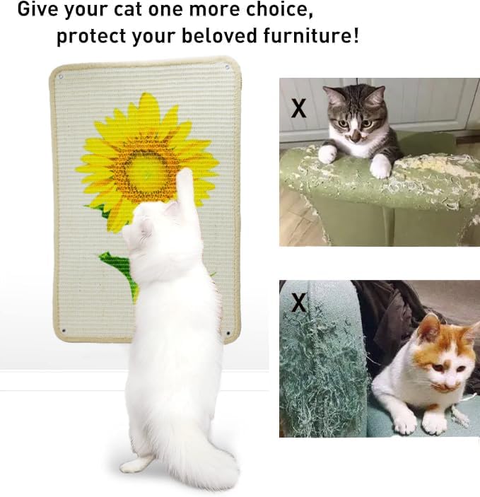 Cat Scratcher Mat, 23.6 X 15.7 Inch Natural Sisal Cat Scratch Mats Sunflower Pattern Cat Scratching Rug Wall Scratchers for Indoor Cats with Adhesive Hook Protect Carpets and Sofas(2Packs)