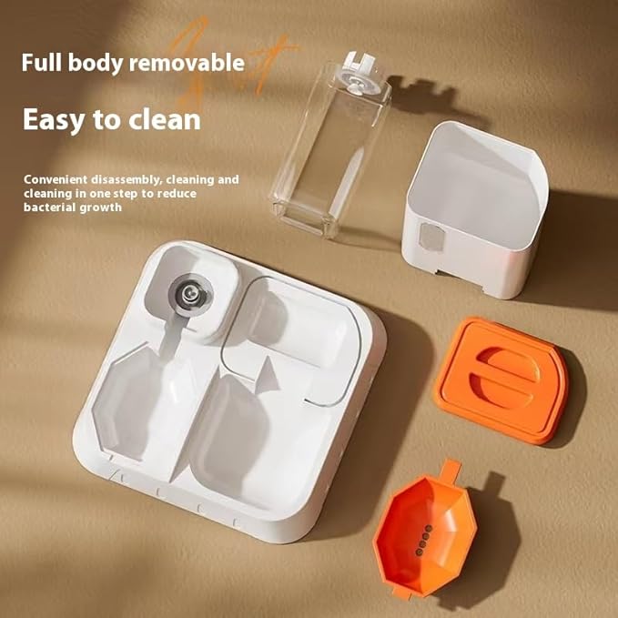 2-in-1 Automatic Pet Food and Water Dispenser, Cat Feeding Station with Storage Container, White and Orange