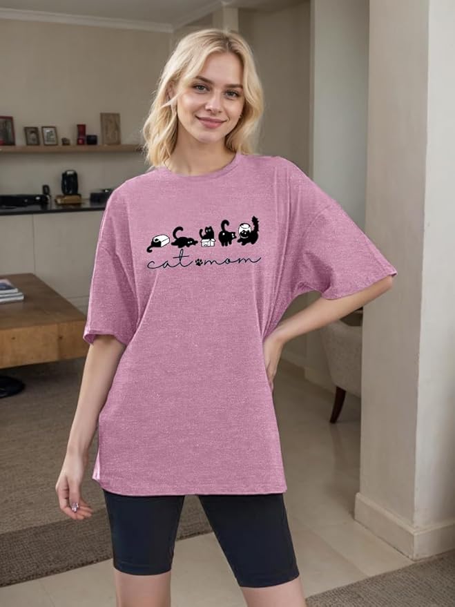 Cat Shirts for Women Cute Cat Mom Oversized Shirt Funny Pet Graphic Tees Y2k Teen Girl Clothes