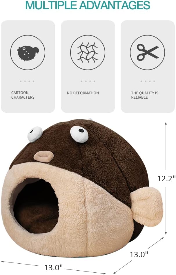 Cat Beds for Indoor Cats - Cat Bed Cave with Removable Washable Cushioned Pillow, Soft Plush Premium Cotton No Deformation Pet Bed, Lively Pufferfish Cat House Design, Brown, Multiple Sizes(S)