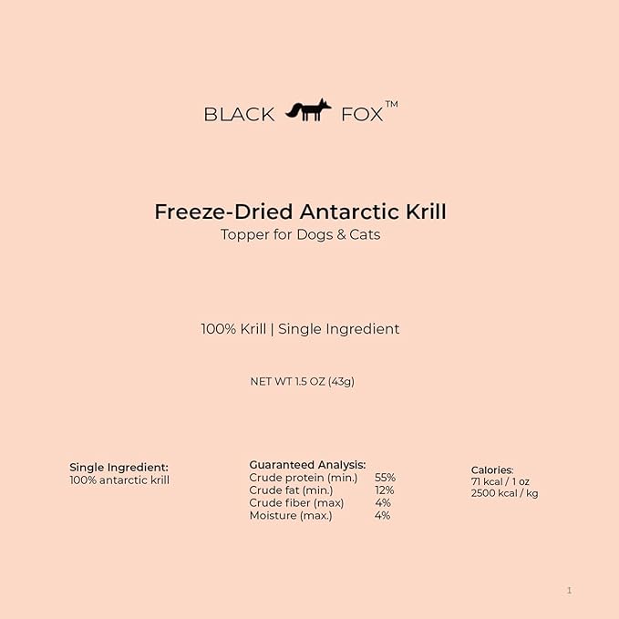 BLACK FOX Freeze-Dried Antarctic Krill Dog Treats | Cat Treats | Cat Food Topper | Dog Food Topper | 1.5 oz Single Ingredient, Raw, Healthy, All Natural, Human Grade, Omega-3 Fish Oil