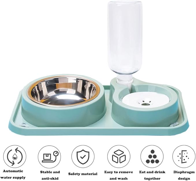 Love Dream Double Dog Cat Bowls, 2 in1 Pet Water and Food Bowl Set with Automatic Gravity Water Dispenser Bottle Detachable Stainless Steel Bowl No-Spill for Cats and Dogs Puppy Kitten Rabbit