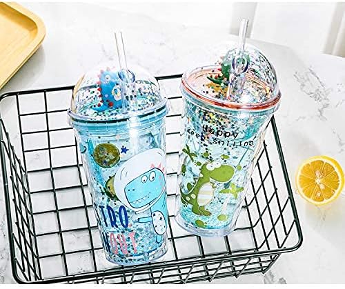 Dinosaur Cups with straw Travel Tumblers Water Bottle Ice Mugs Plastic Party Cup Birthday Gift (blue dinosaur, 6.5 * 20 cm)