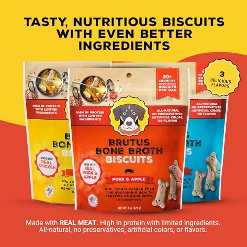 Brutus Bone Broth Biscuits (Pork and Apple) - Natural Treats - Healthy Dog Biscuits with Real Pork, Bone Broth and Apple for Healthy Joints - 18 Grams of Protein - 8 OZ (Pack of 6)