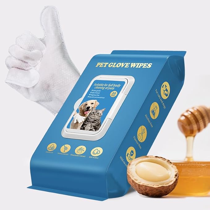 Pet Grooming Glove Wipes, 20pcs pack,Fragrance Free, Hypoallergenic Dog Cat Cleaning Glove Wipes, Odor Removing, No-Rinse Formula, Large Size Thickened Gloves for Dog Bath, Daily Care, Traveling