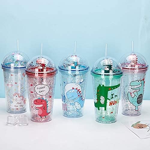 Dinosaur Cups with straw Travel Tumblers Water Bottle Ice Mugs Plastic Party Cup Birthday Gift (blue dinosaur, 6.5 * 20 cm)