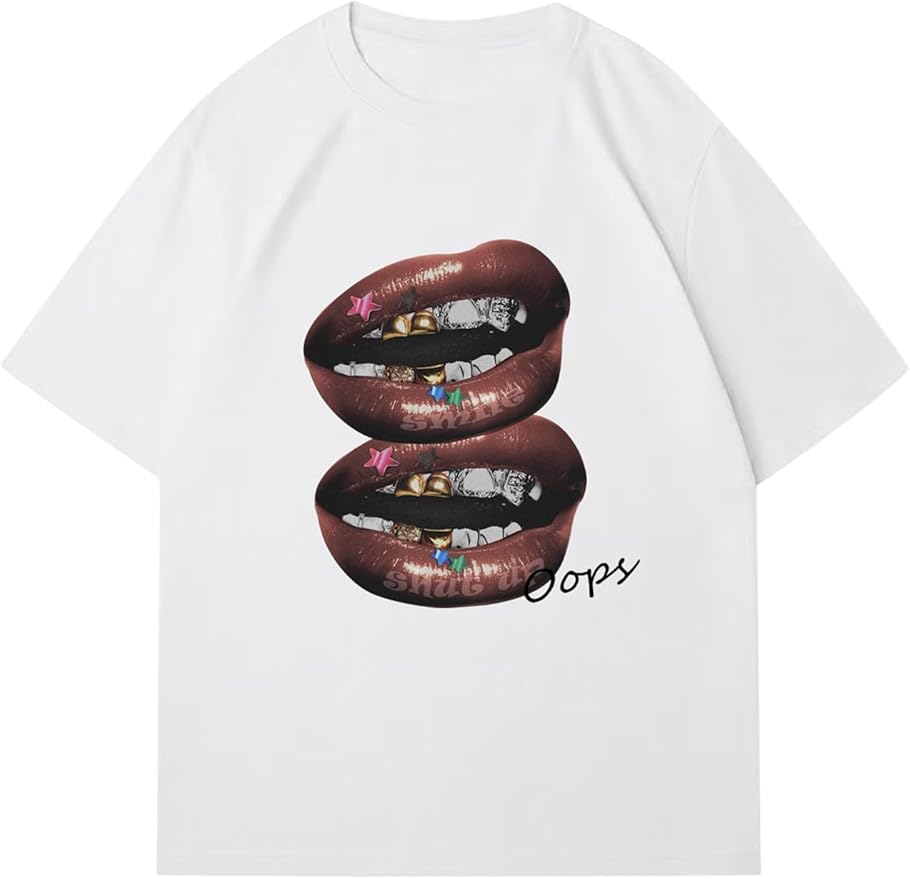 Verdusa Women's Lips Print Graphic Tees Y2k T Shirts Summer Crew Neck Vintage Going Out Tops