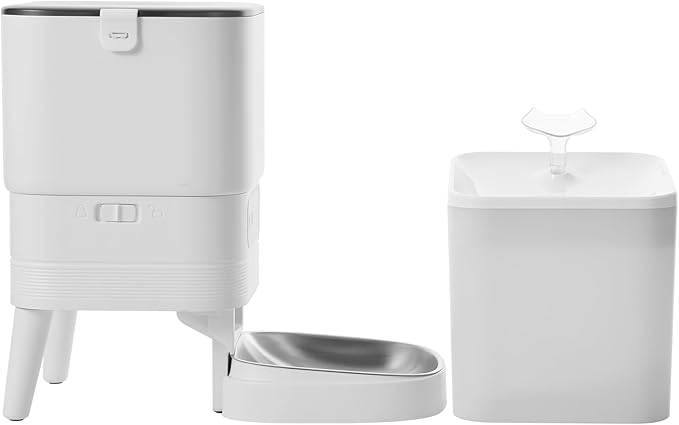 Automatic cat Feeder and Water Fountain,4L WiFi Dry Auto Pet Food and 2.2L Water Dispenser Set,Small Timed Self Feed Smart APP Feeding Stainless Steel Bowl(White)