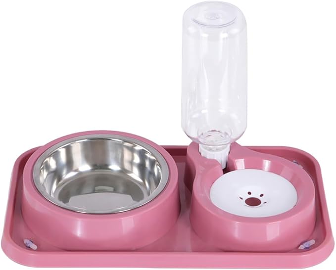 Dog Bowls, Non-Slip Puppy Cat Food and Water Bowl Set with Water Dispenser and Stainless Steel Bowl Detachable Gravity Pet Feeder and Waterer Set for Cats Dogs Puppy Rabbit (Pink)