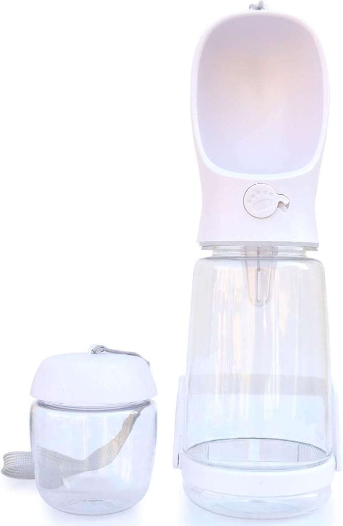 Dog Water Bottle with Food Container Holder, Travel Puppy Drinking Bowl, Portable Pet Water Dispenser, Patented Design, Food Grade Plastic 19 oz Water Bottle+100g Snack cans