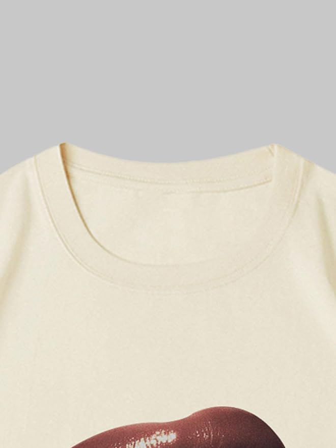 Verdusa Women's Lips Print Graphic Tees Y2k T Shirts Summer Crew Neck Vintage Going Out Tops