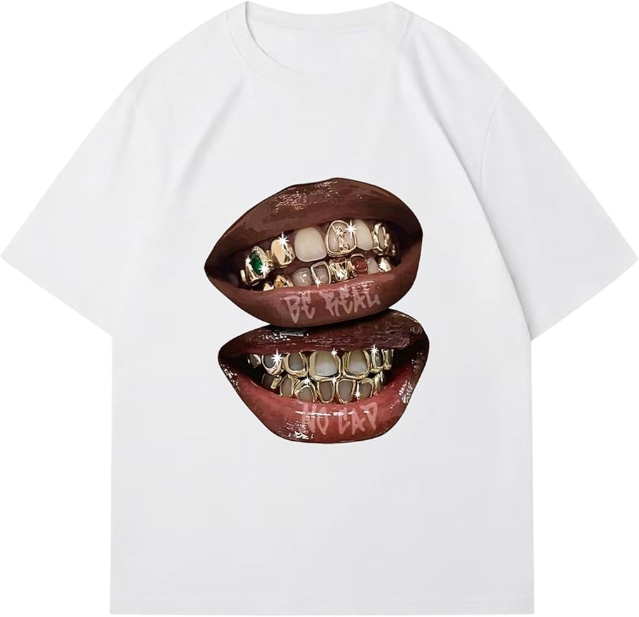 Verdusa Women's Lips Print Graphic Tees Y2k T Shirts Summer Crew Neck Vintage Going Out Tops