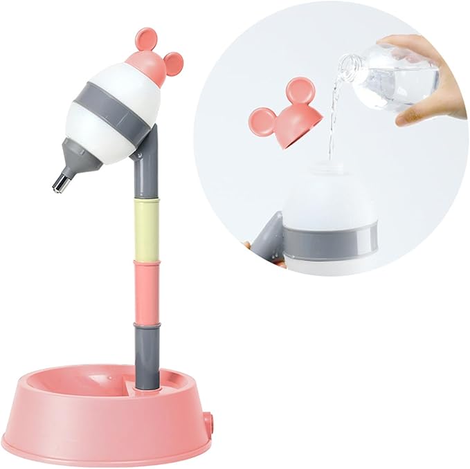 NACOCO Pet Standing Water Dispenser - Cat Dog Standing Bowl with Detachable Pole Automatically Feeding Water Height Adjustable(Grey-Pink Ear)