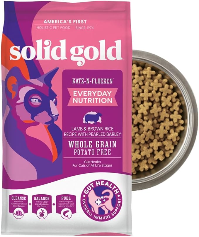 Solid Gold Dry Cat Food for Indoor Cats of All Ages - W/Lamb, Brown Rice, Barley, Probiotics & Fiber for Gut Health- Holistic & Healthy Cat Kibble for Kittens & Adults - Dry Kibble for Cats - 4 LB