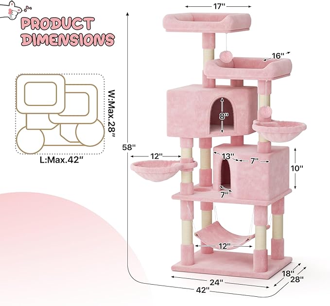 MoNiBloom 58 Inch Cat Tree Tower for Indoor Cats Large Adults, Pink Cat Tower with Scratching Post & Hammock, Pet Play House with Cat Condo, Soft Pink