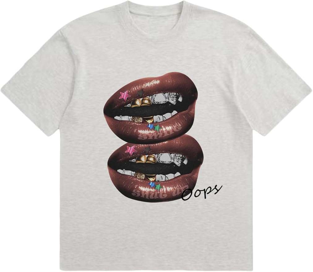 Verdusa Women's Lips Print Graphic Tees Y2k T Shirts Summer Crew Neck Vintage Going Out Tops
