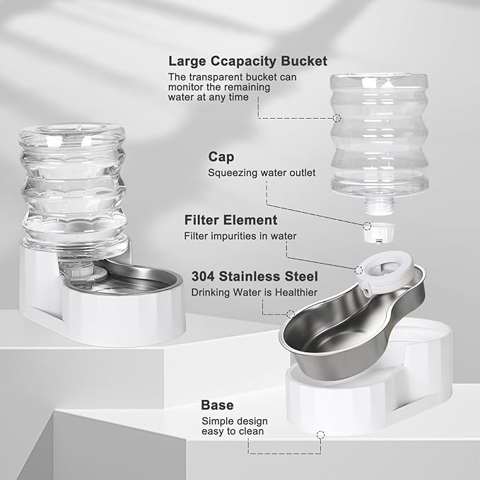 RIZZARI Automatic Dog Water Bowl Dispenser: 5L Upgraded Gravity Stainless Steel Cat Water Dispenser, Water Feeder with Two Caps and Filters for Pets Indoor/Outdoor Use by Owners (5L+)