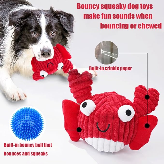 Squeak Dog Toys for Aggressive Chewers, No Stuffing Squeak Dog Chew Toys for Aggressive Chewers, Interactive Dog Toy Ball with Crinkle Paper for Medium Dogs, Large & Small Breeds (E-Crab+Fish)