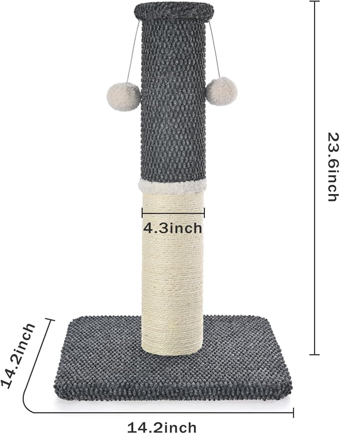 Made4Pets Tall Cat Scratching Post, Heavy Duty and Thicker Scratching Posts for Indoor Cats Adults, 23.6" Natural Sisal Cat Scratcher with Hanging Balls, Sturdy Base Cat Scratch Post, Dark Grey