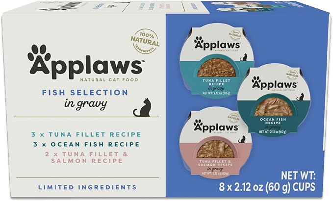 Applaws Natural Wet Cat Food in Gravy, Limited Ingredient, Grain-Free, No Artificial Cat Food Cups, Fish Selection in Gravy (8x 2.12 oz Cups)