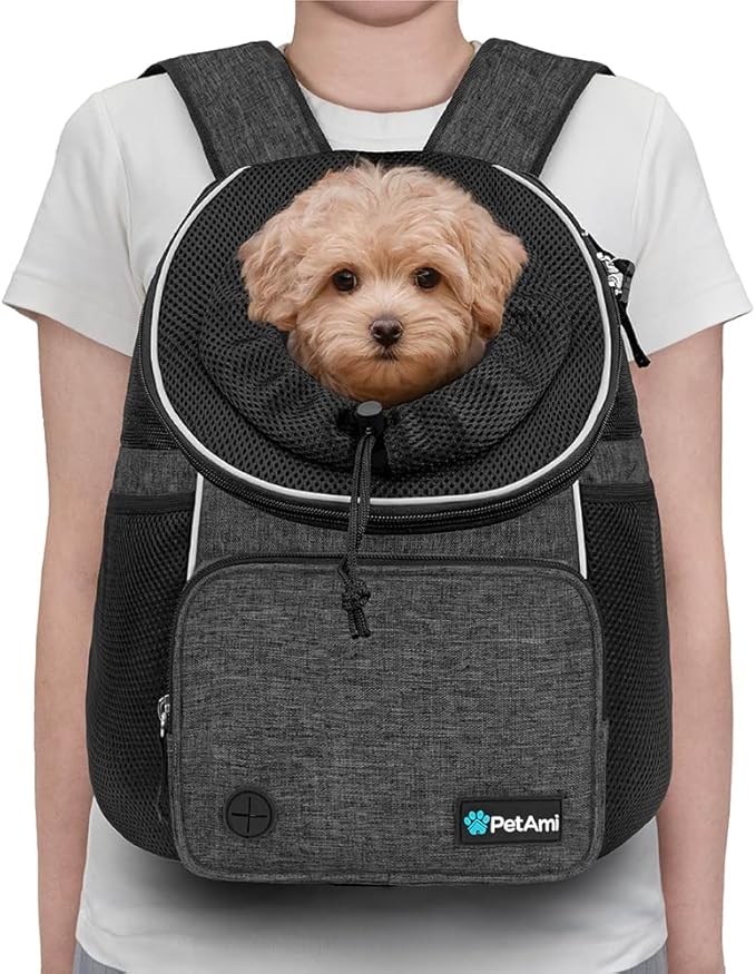 PetAmi Adjustable Dog & Cat Chest Carrier Backpack, Ventilated for Hiking & Camping, Small to Large Pets, Max 10 lbs, Dark Gray