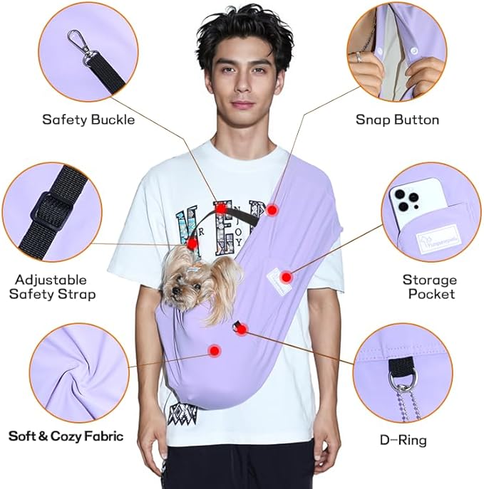 Dog Sling Carrier – Ice Silk Dog Slings for Small Dogs up to 10 lbs, Breathable Dog Carrier Sling with Adjustable Safety Strap & Buckle, Portable Cat Sling Carrier (Purple)