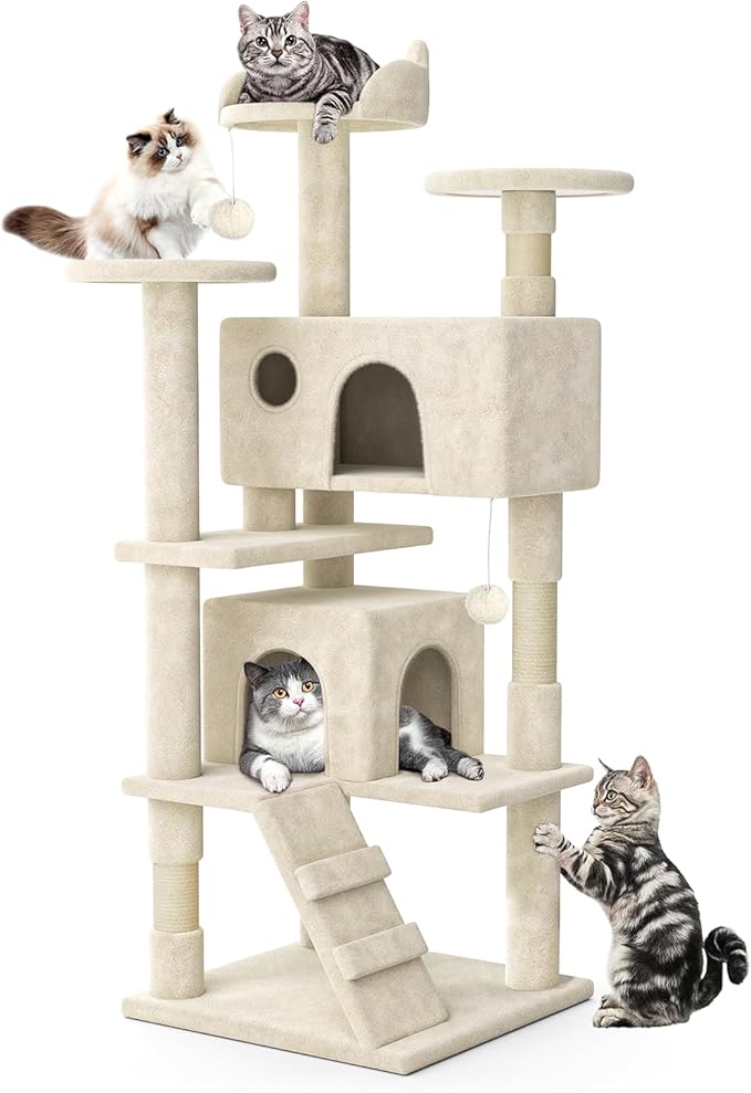 MoNiBloom 54 Inch Cat Tree Tower for Indoor Cats Large Adults, Cat Tower with Scratching Post, Multi-Level Furniture Activity Center with Cat Condo Pet Play House, Beige