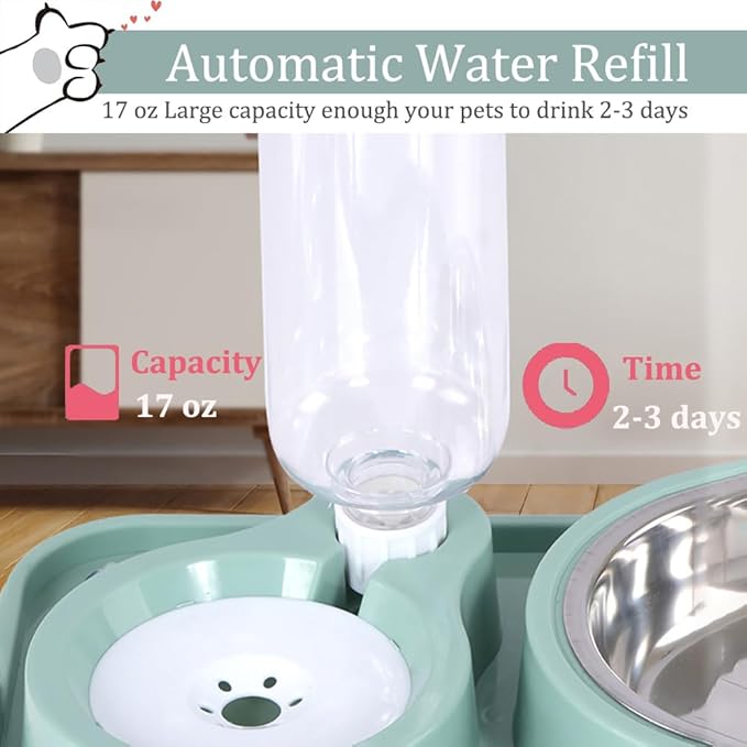 Dog Bowls, Non-Slip Puppy Cat Food and Water Bowl Set with Water Dispenser and Stainless Steel Bowl Detachable Gravity Pet Feeder and Waterer Set for Cats Dogs Puppy Rabbit (Green, 500ML)